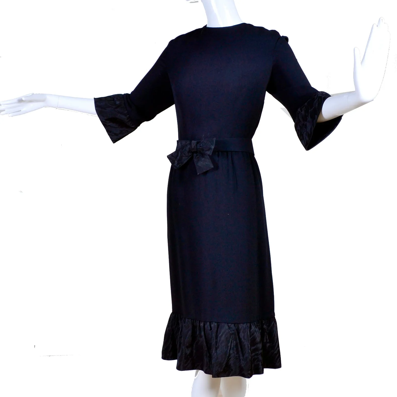 1960s Pattullo-Jo Copeland Black Crepe Vintage Dress W/ Bow Belt