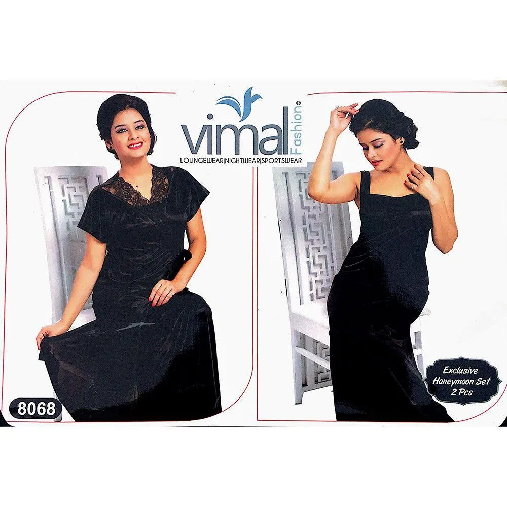 2 Pcs Nighty Set with Gown - V8068 - Satin Silk Nighty By Vimal Fashion