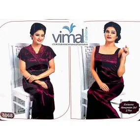 2 Pcs Nighty Set with Gown - V8068 - Satin Silk Nighty By Vimal Fashion