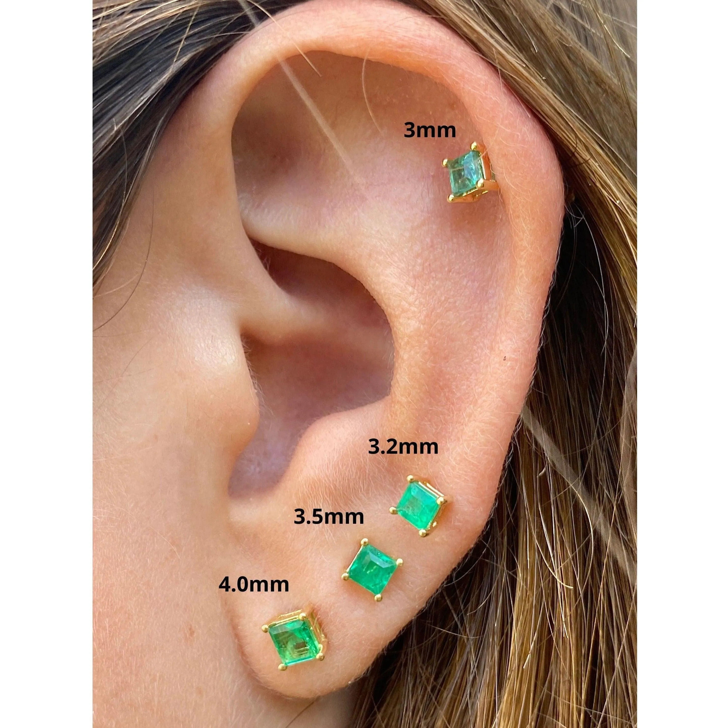 3mm-4mm Colombian Emerald Square-Cut Stud Earrings in 18k Yellow Gold