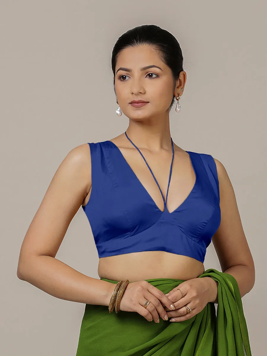 Ahana x Rozaana | Cobalt Blue Sleeveless FlexiFit™ Saree Blouse with Plunging Neckline and Back Cut Out with Tie-up