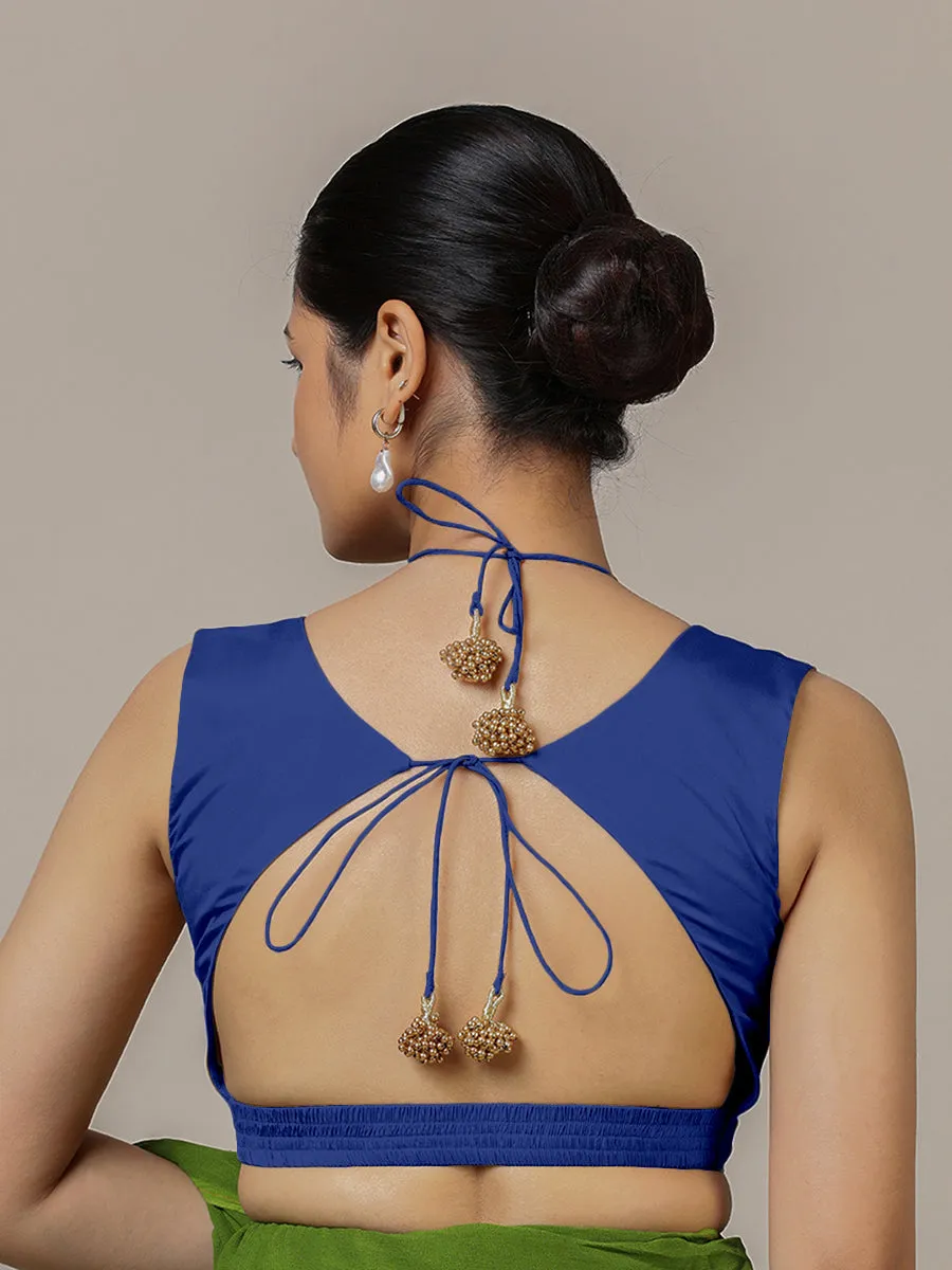 Ahana x Rozaana | Cobalt Blue Sleeveless FlexiFit™ Saree Blouse with Plunging Neckline and Back Cut Out with Tie-up