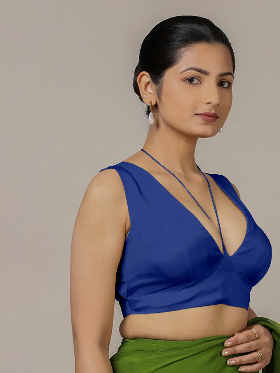 Ahana x Rozaana | Cobalt Blue Sleeveless FlexiFit™ Saree Blouse with Plunging Neckline and Back Cut Out with Tie-up