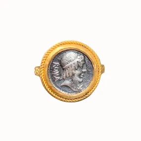 Authentic Ancient Roman Coin 2nd cent. BC 24 Kt Gilded Silver Ring depicting God Apollo