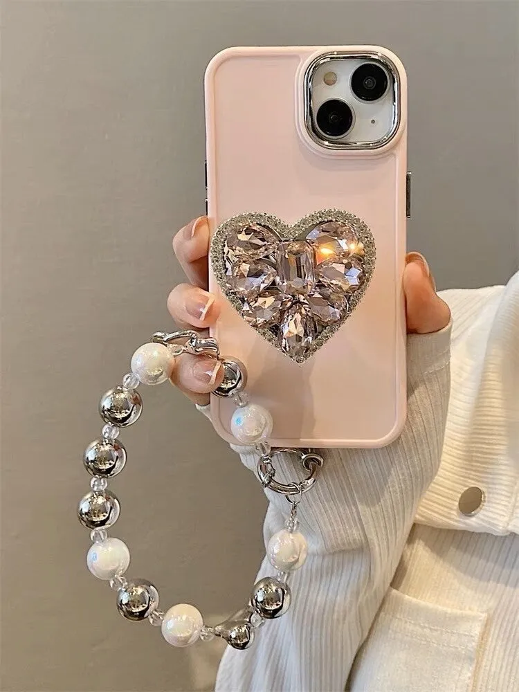 Cute Bling Solid Phone Case with Built in Rhinestone Gem Heart Stand   Pearl Strap Protective Shockproof iPhone X XS XR 11 12 13 14 Pro Max