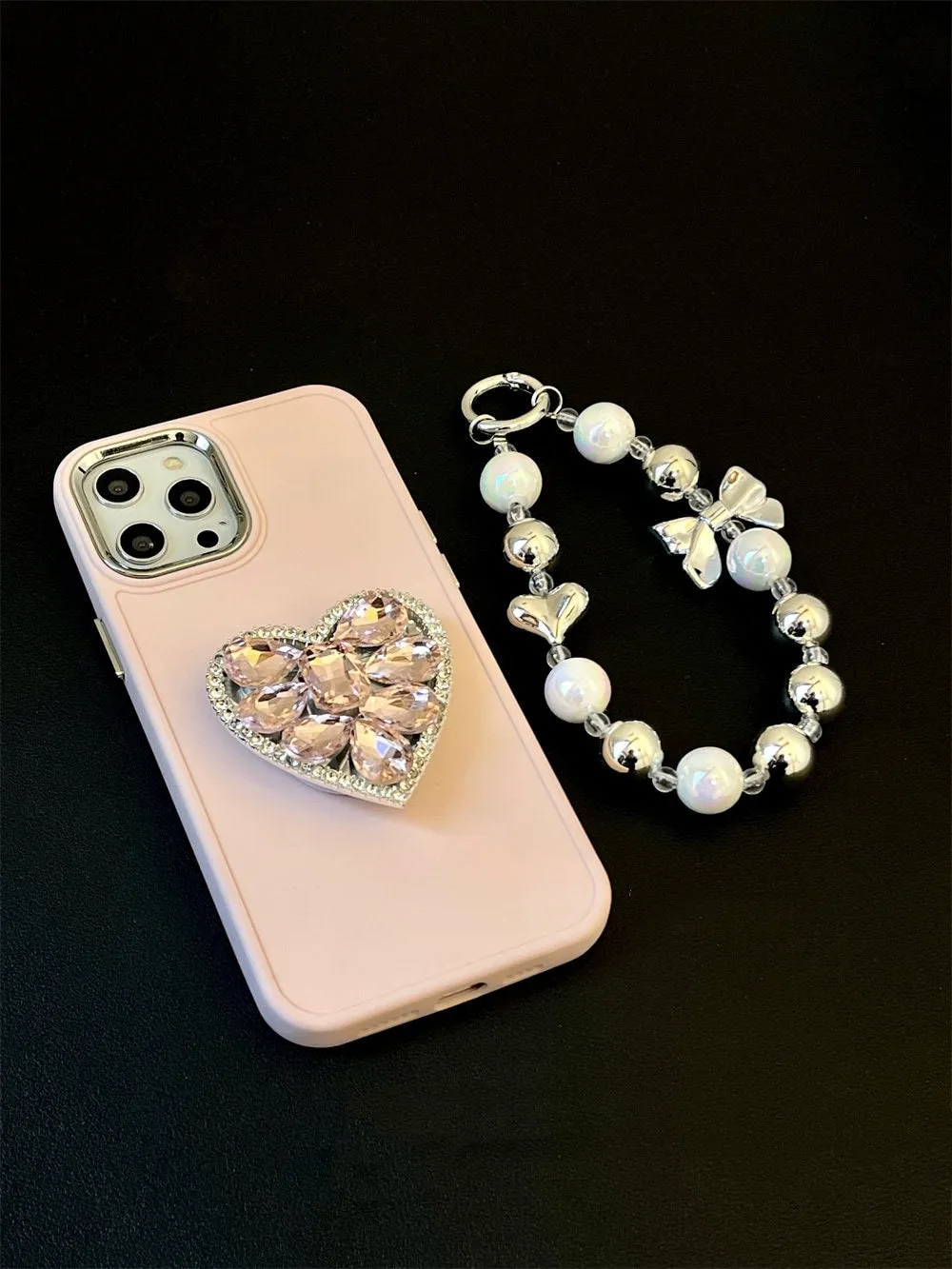 Cute Bling Solid Phone Case with Built in Rhinestone Gem Heart Stand   Pearl Strap Protective Shockproof iPhone X XS XR 11 12 13 14 Pro Max