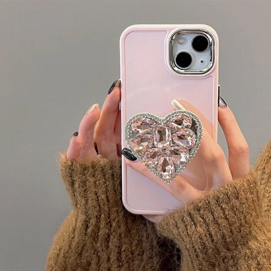 Cute Bling Solid Phone Case with Built in Rhinestone Gem Heart Stand   Pearl Strap Protective Shockproof iPhone X XS XR 11 12 13 14 Pro Max