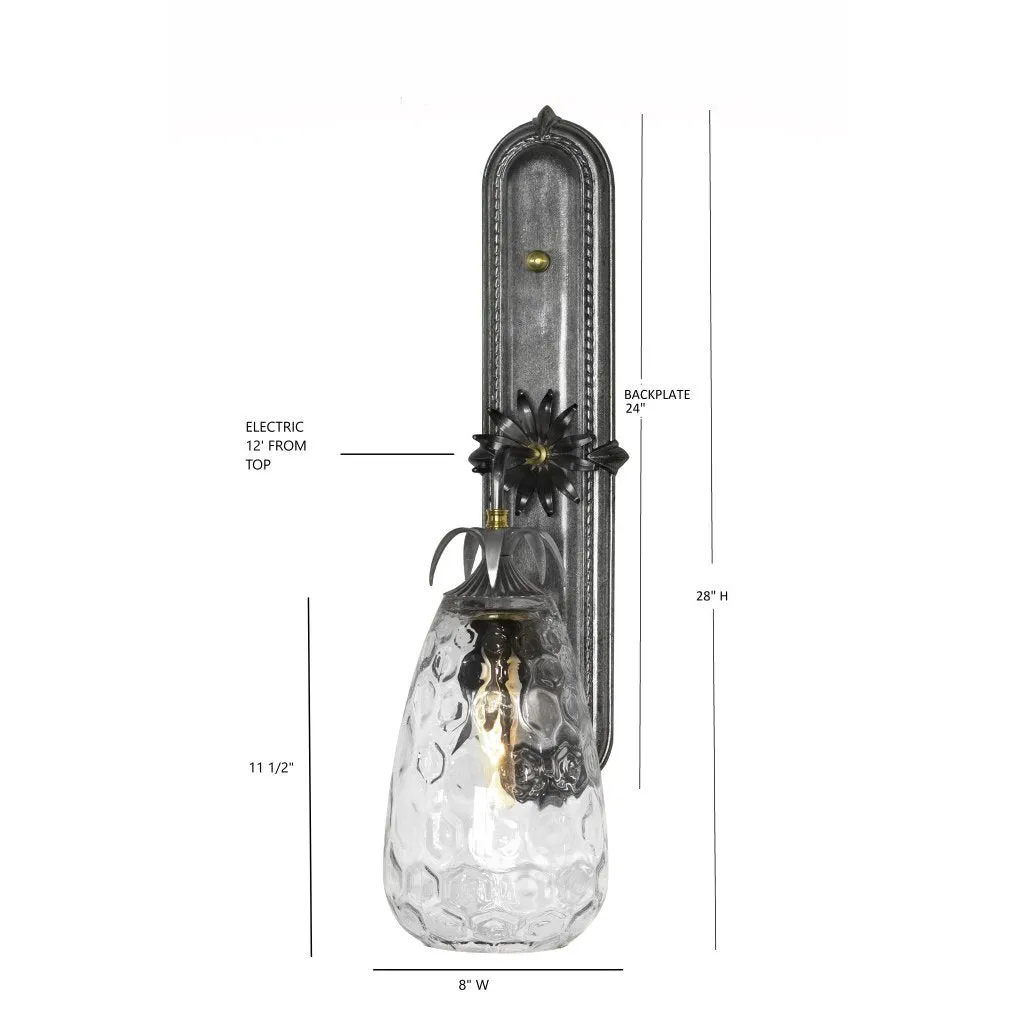 Del Mar Sconce, Wall Light Fixtures, Pewter Cast Iron Back Plate Solid Brass Accents and a Honeycomb Clear Glass Shade by Theresa Costa, Luna Bella