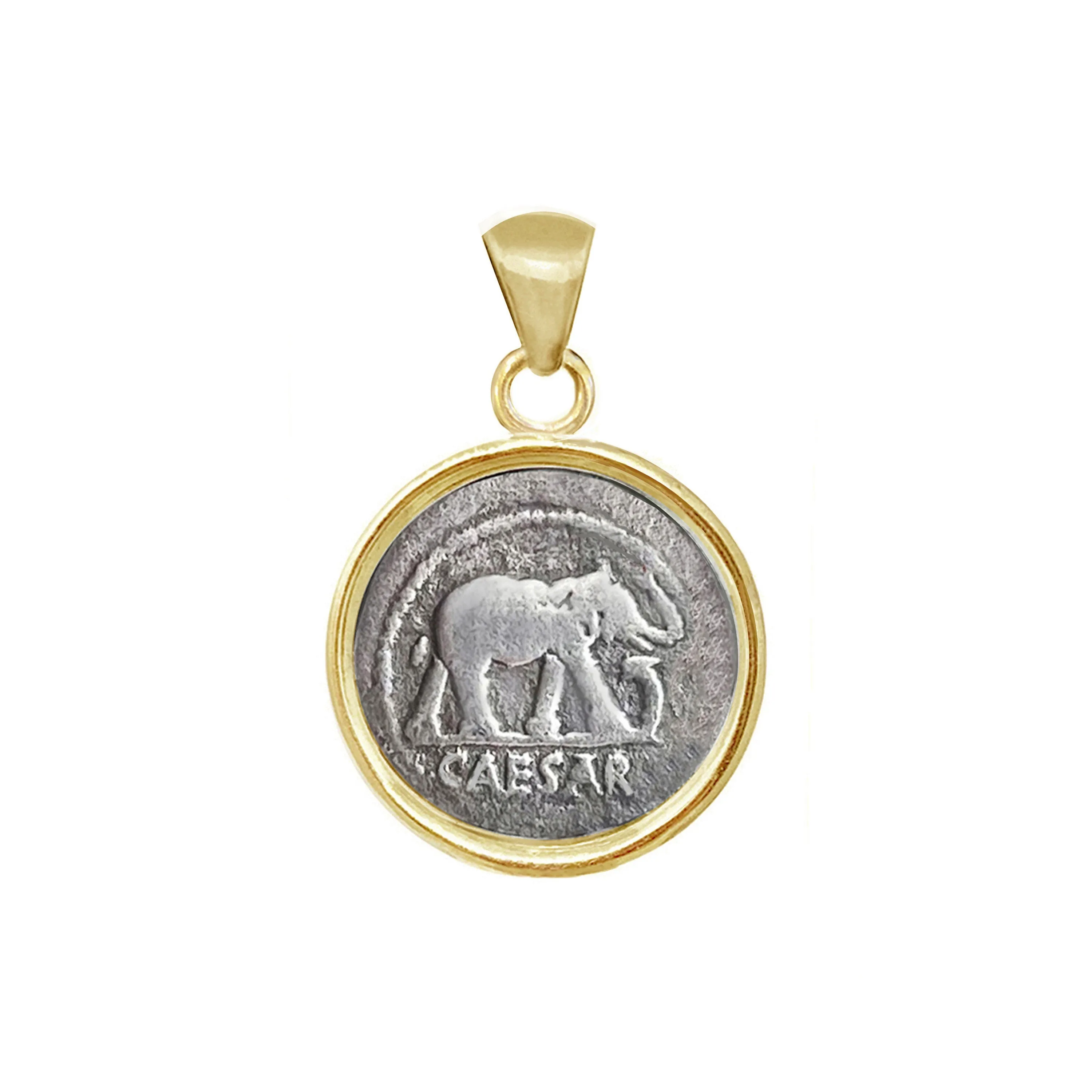 JULIUS CAESAR'S ELEPHANT Genuine Ancient Roman Silver Coin 18KT Gold Pendant