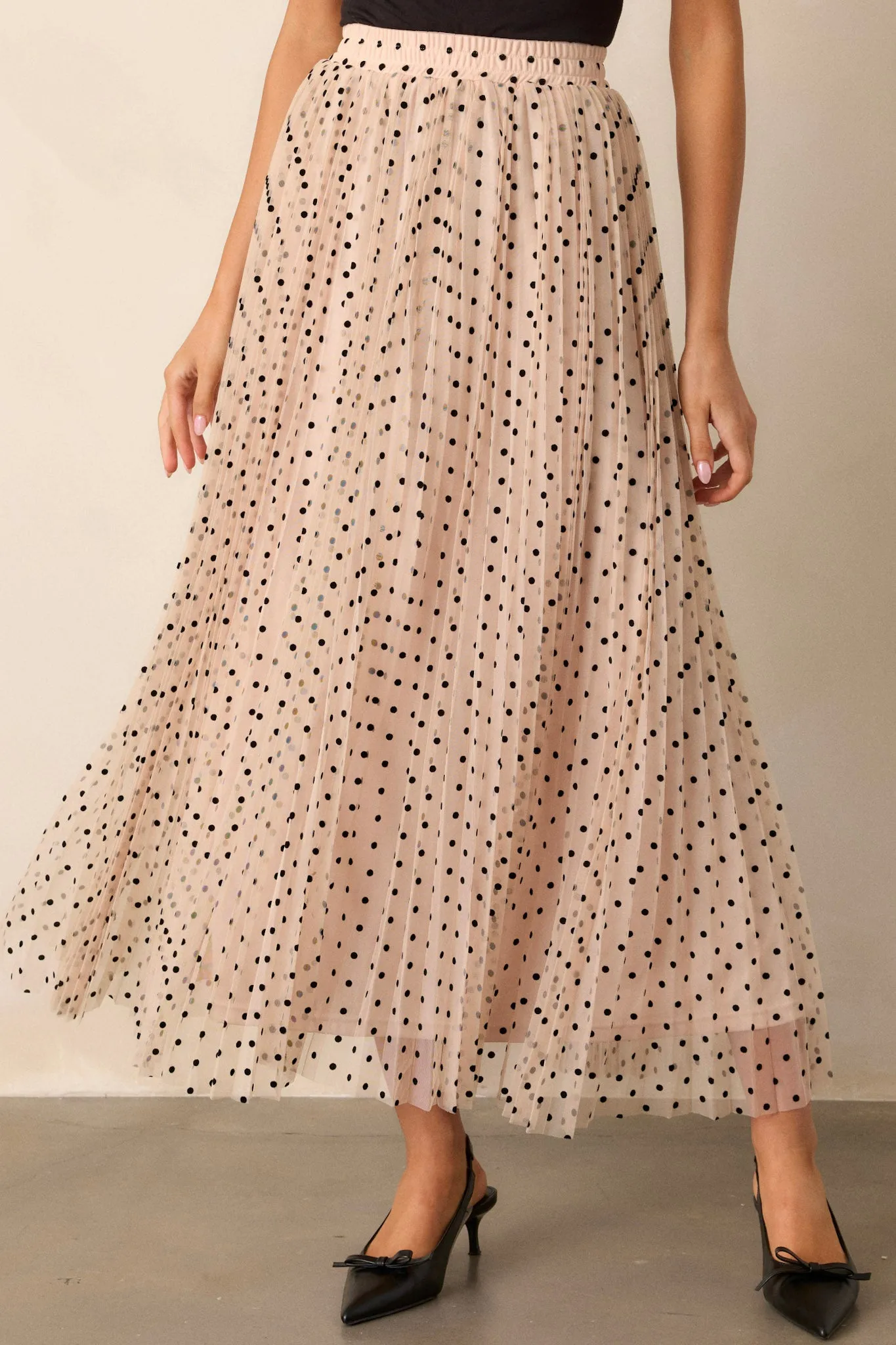 Vintage Wave Beige Tulle Polka Dot Maxi Skirt