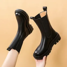 Women Chelsea Boots Spring New Black Mid Ankle Flat Platform Lady Shoes Female All Match Classic Concise Fashion Round Toe Shoes